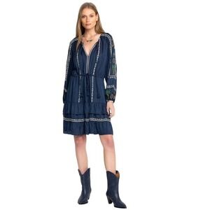 Johnny Was Jade Lexie Blue Embroidered Long Sleeve Tiered Mini Dress Tassel LP